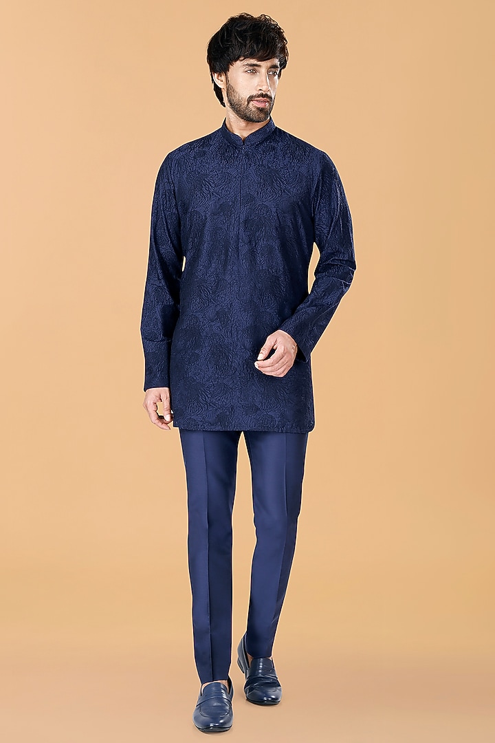 Midnight Blue Cotton Silk Jellyfish Embroidered Kurta Set by SURBHI PANSARI at Pernia's Pop Up Shop