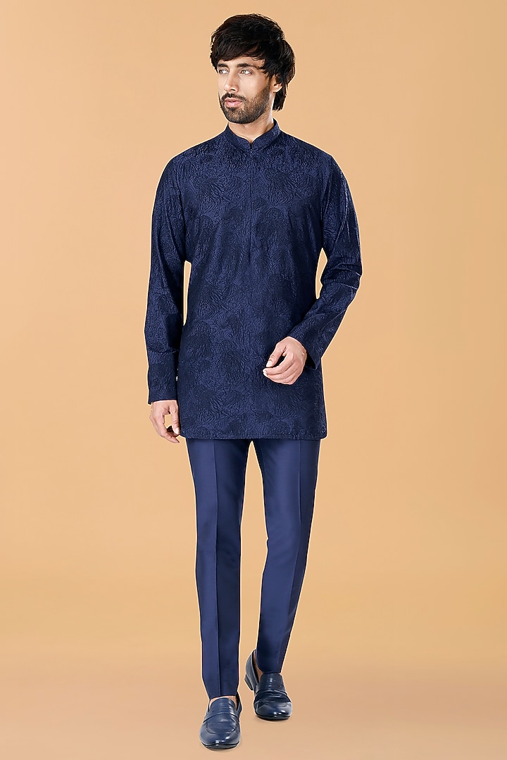 Midnight Blue Cotton Silk Jellyfish Embroidered Kurta Set by SURBHI PANSARI at Pernia's Pop Up Shop