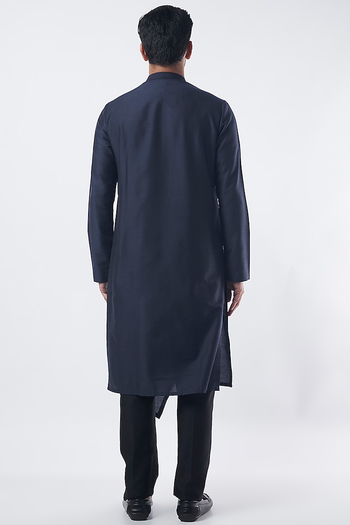 Midnight Blue Cotton Silk Overlapped Asymmetrical Kurta by SURBHI PANSARI at Pernia's Pop Up Shop