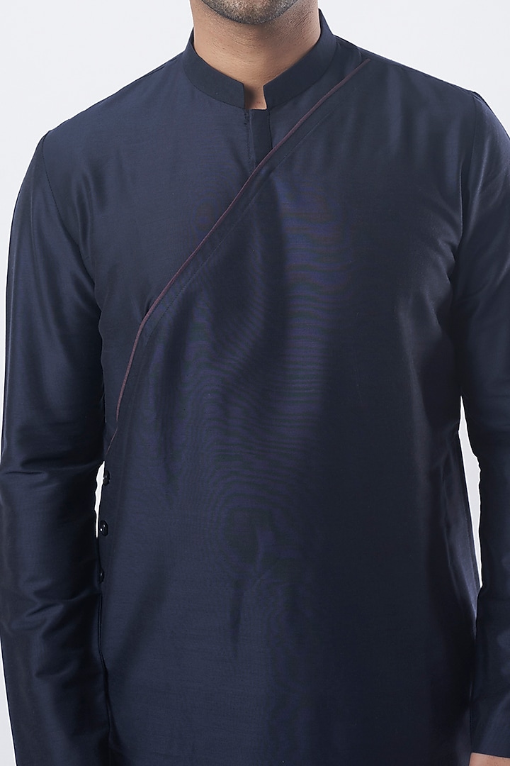 Midnight Blue Cotton Silk Overlapped Asymmetrical Kurta by SURBHI PANSARI at Pernia's Pop Up Shop
