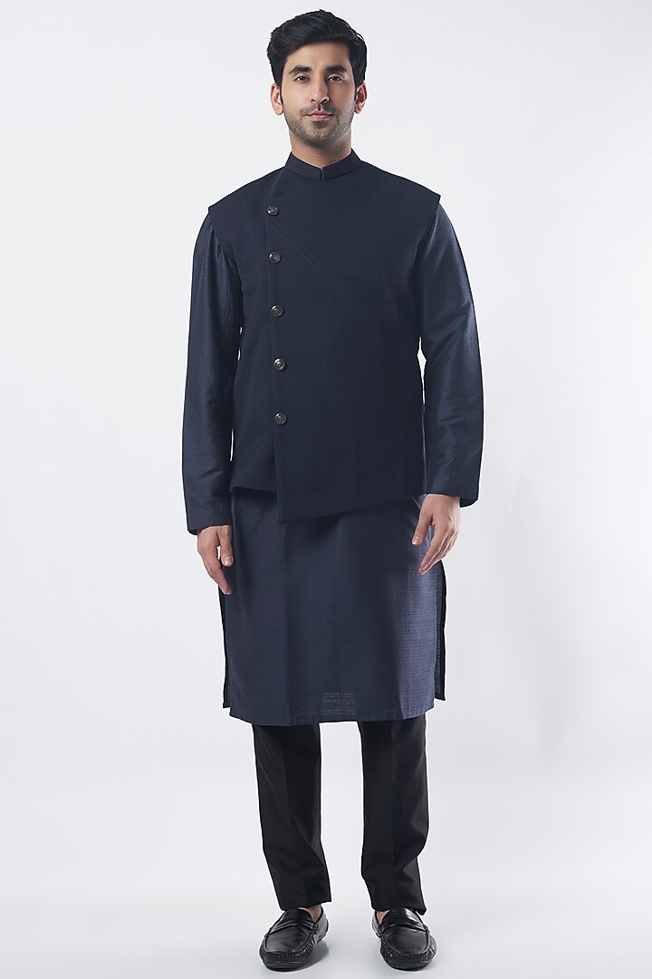 Midnight Blue Suiting Bundi Jacket by SURBHI PANSARI