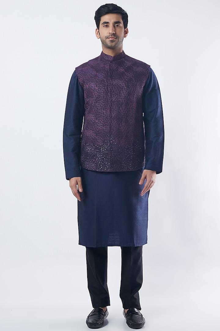 Mulberry Colored Cotton Silk Bundi Jacket by SURBHI PANSARI