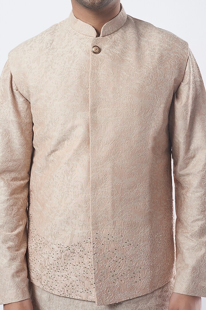 Old Rose Pink Cotton Silk Embroidered Bundi Jacket by SURBHI PANSARI at Pernia's Pop Up Shop