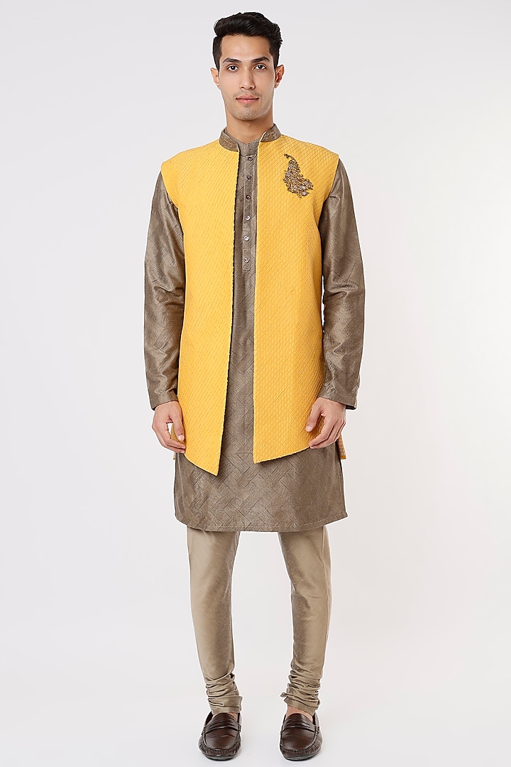 Sunset Yellow Self Textured Jawahar Jacket by SURBHI PANSARI