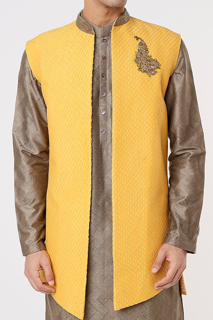 Sunset Yellow Cotton Silm Aari Embroidered Nehru Jacket by SURBHI PANSARI at Pernia's Pop Up Shop