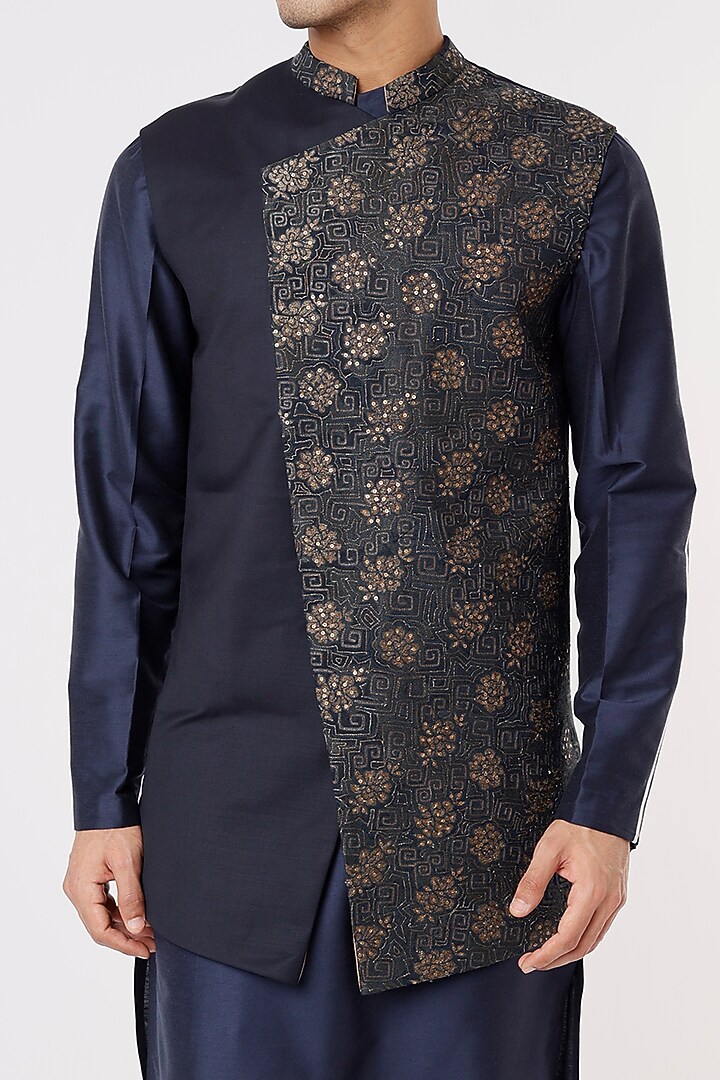 Midnight Blue Embroidered Bundi Jacket by SURBHI PANSARI at Pernia's Pop Up Shop