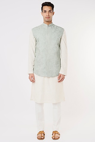 Aqua Blue Embroidered Bundi Jacket by SURBHI PANSARI