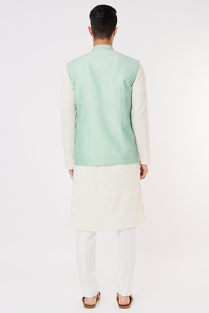 Aqua Blue Embroidered Bundi Jacket by SURBHI PANSARI at Pernia's Pop Up Shop