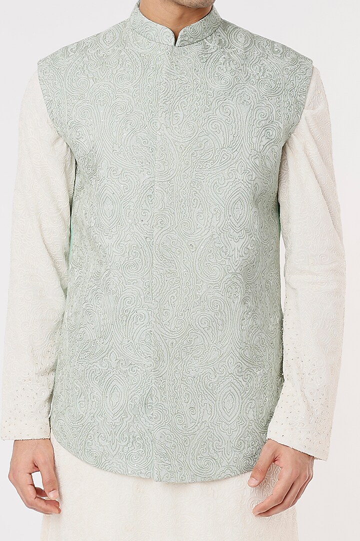 Aqua Blue Embroidered Bundi Jacket by SURBHI PANSARI at Pernia's Pop Up Shop