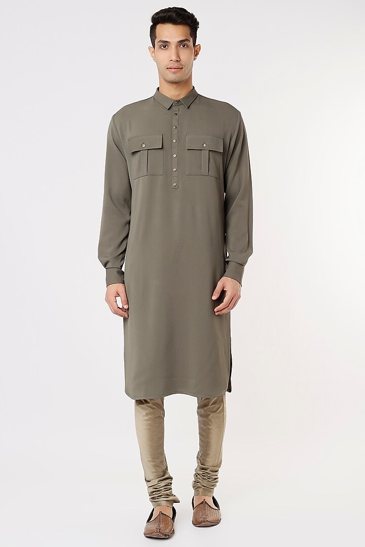 Olive Green Self Textured Fabric Kurta by SURBHI PANSARI at Pernia's Pop Up Shop