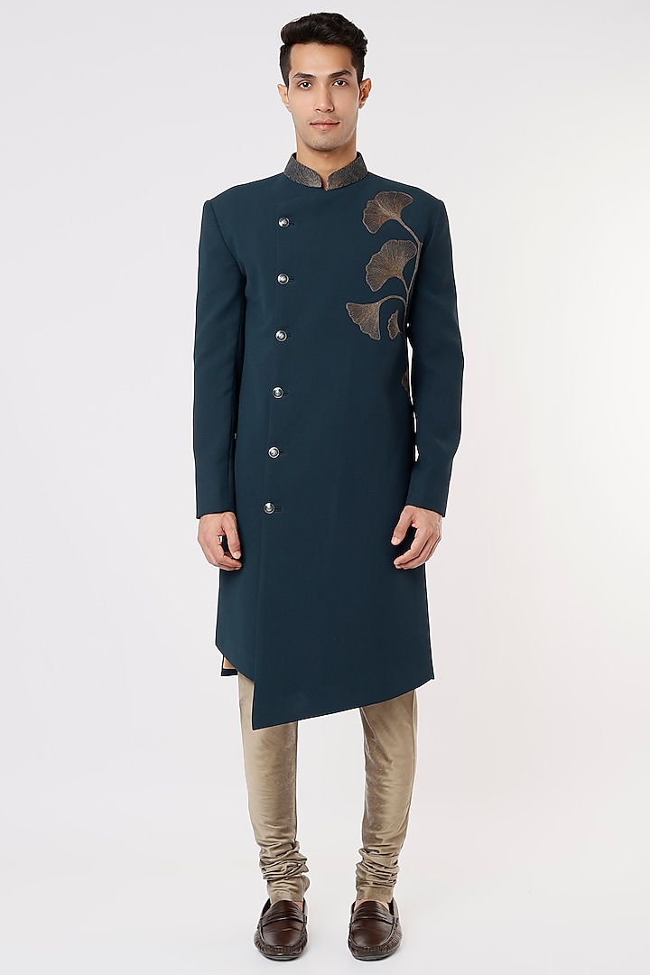 Teal Blue Embroidered Indo Western Jacket by SURBHI PANSARI