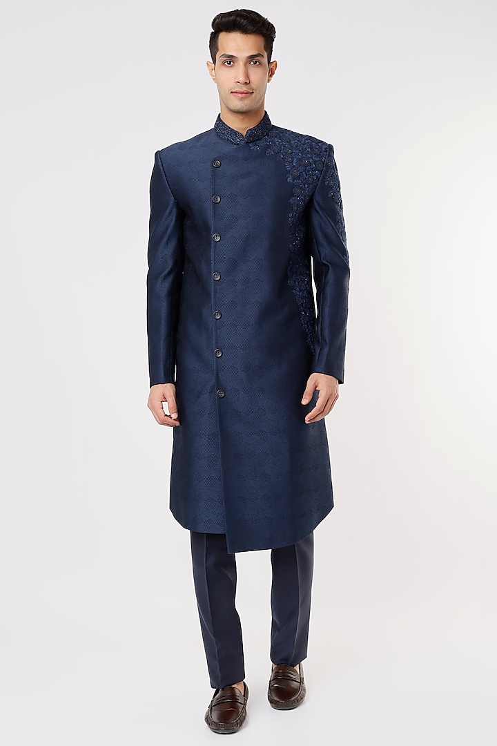 Midnight Blue Embroidered Indo Western Jacket by SURBHI PANSARI