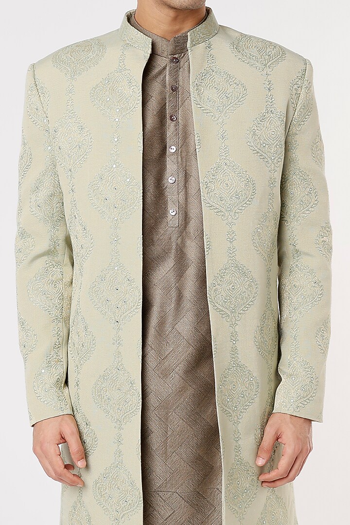Light Green Embroidered Indo Western Jacket by SURBHI PANSARI at Pernia's Pop Up Shop