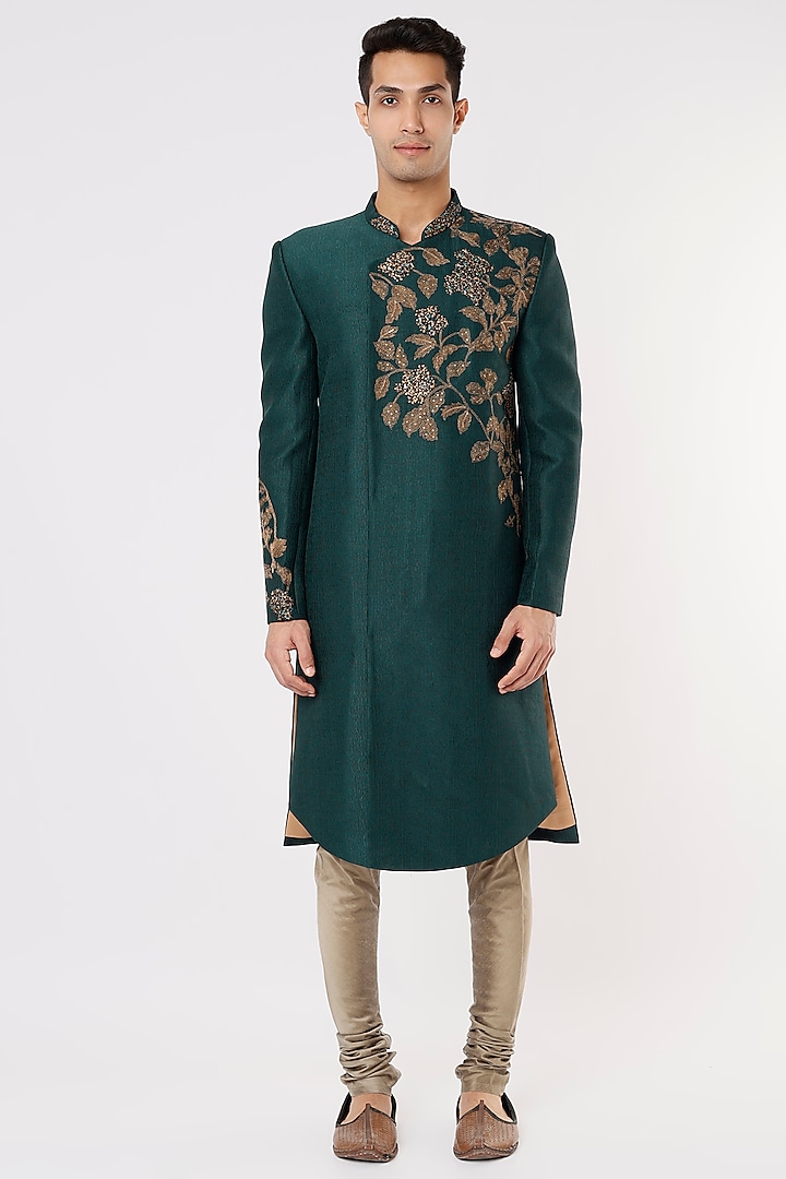 Forest Green Embroidered Indo Western Jacket by SURBHI PANSARI