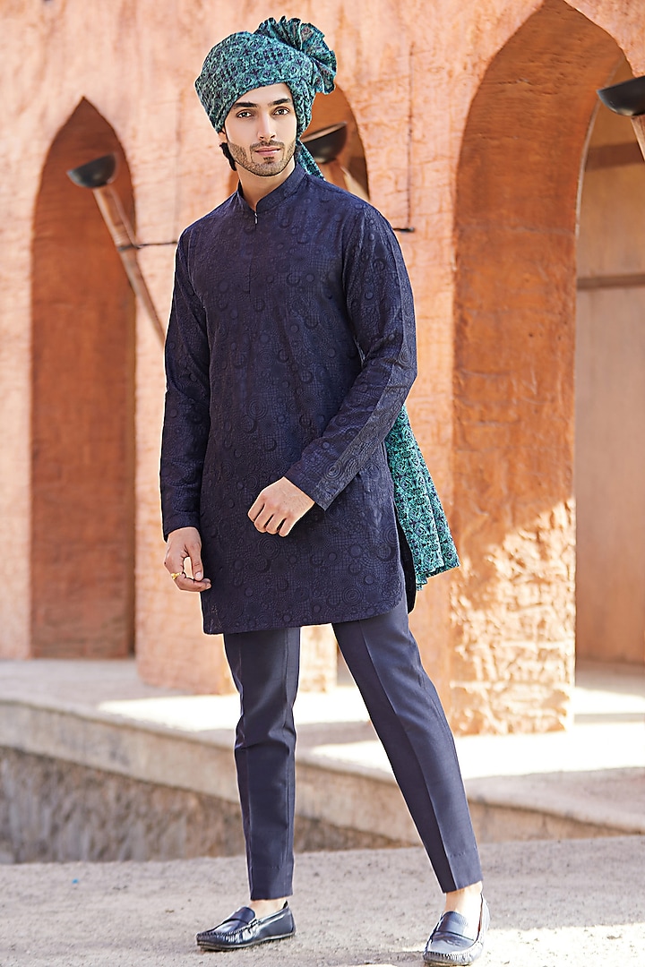 Midnight Blue Cotton Silk Thread Embroidered Kurta Set by SURBHI PANSARI