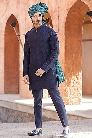 Midnight Blue Cotton Silk Thread Embroidered Kurta Set by SURBHI PANSARI