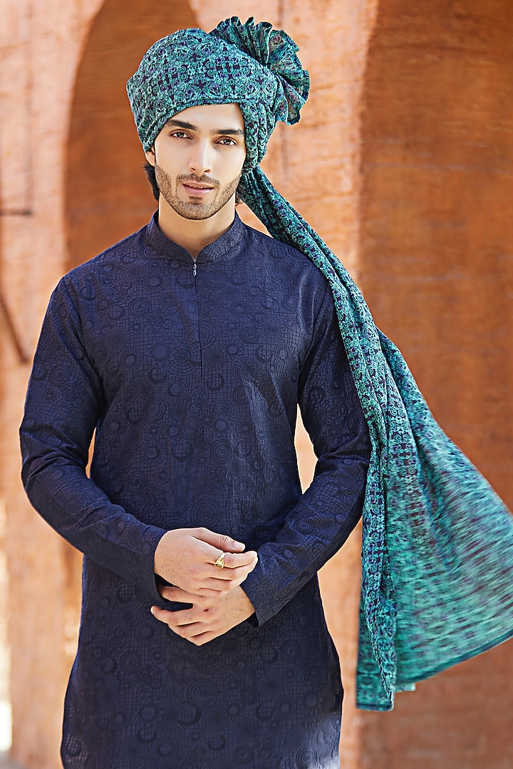 Midnight Blue Cotton Silk Thread Embroidered Kurta Set by SURBHI PANSARI at Pernia's Pop Up Shop