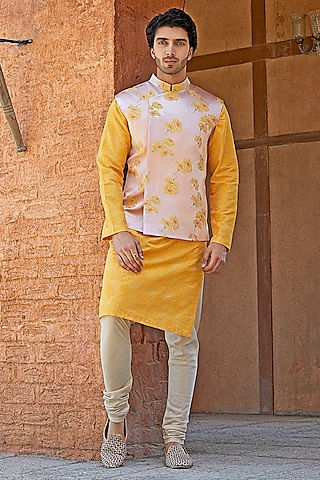 Old Rose Pink Suiting Floral Nehru Jacket Set by SURBHI PANSARI