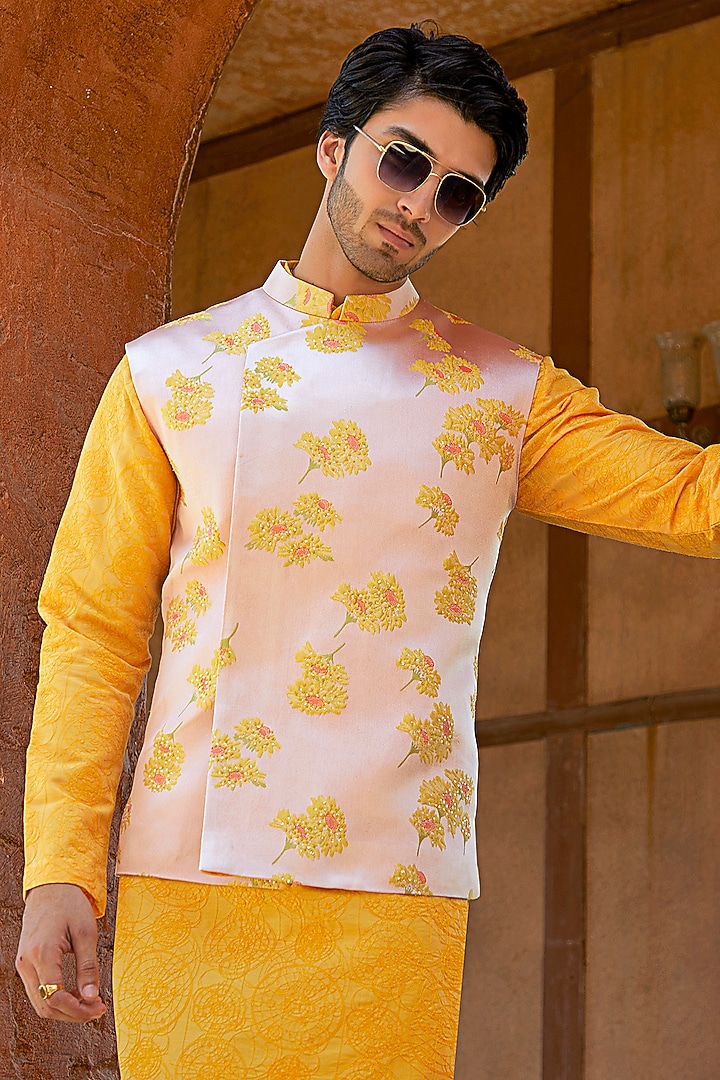 Old Rose Pink Suiting Floral Nehru Jacket Set by SURBHI PANSARI at Pernia's Pop Up Shop