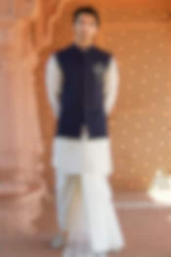 Midnight Blue Cotton Silk Asymmetric Nehru Jacket Set by SURBHI PANSARI