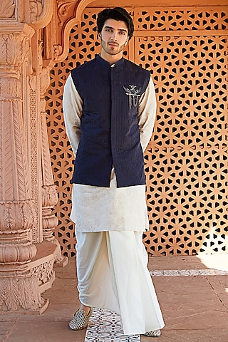 Midnight Blue Cotton Silk Asymmetric Nehru Jacket Set by SURBHI PANSARI