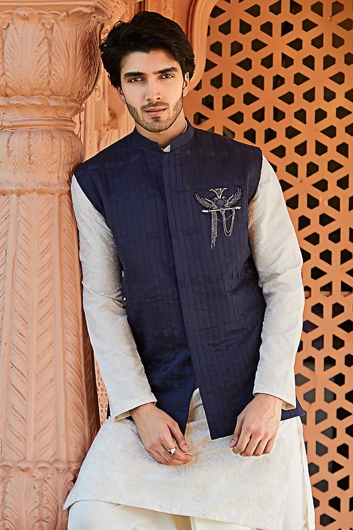 Midnight Blue Cotton Silk Asymmetric Nehru Jacket Set by SURBHI PANSARI at Pernia's Pop Up Shop