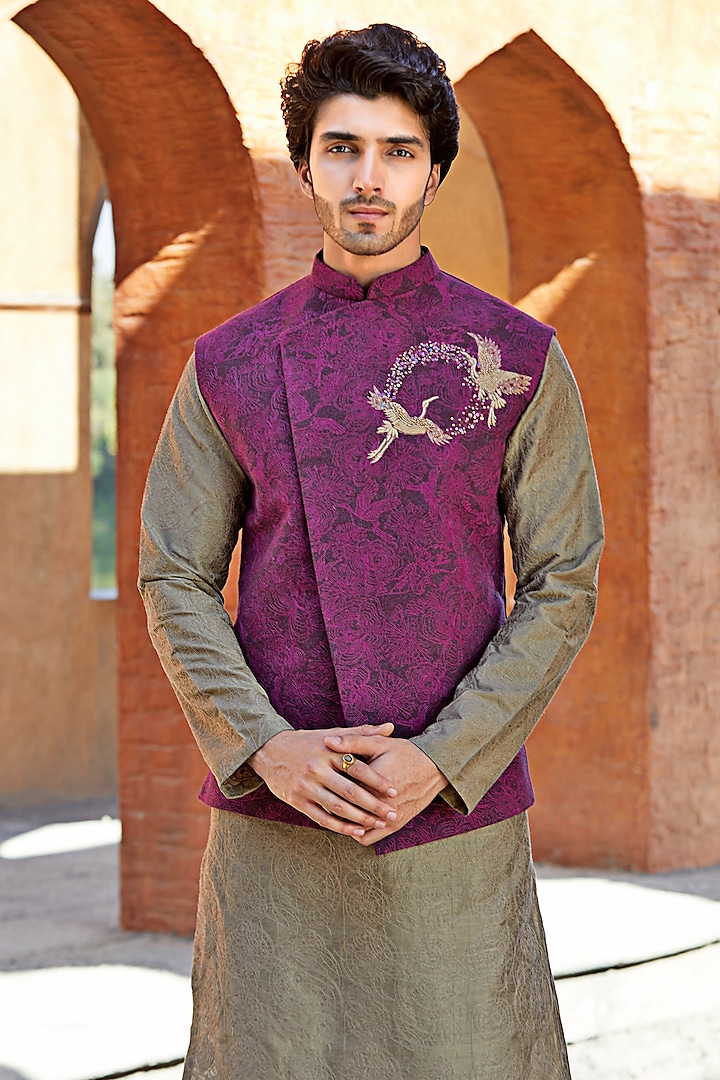 Mulberry Cotton Silk Zardosi Embroidered Nehru Jacket Set by SURBHI PANSARI