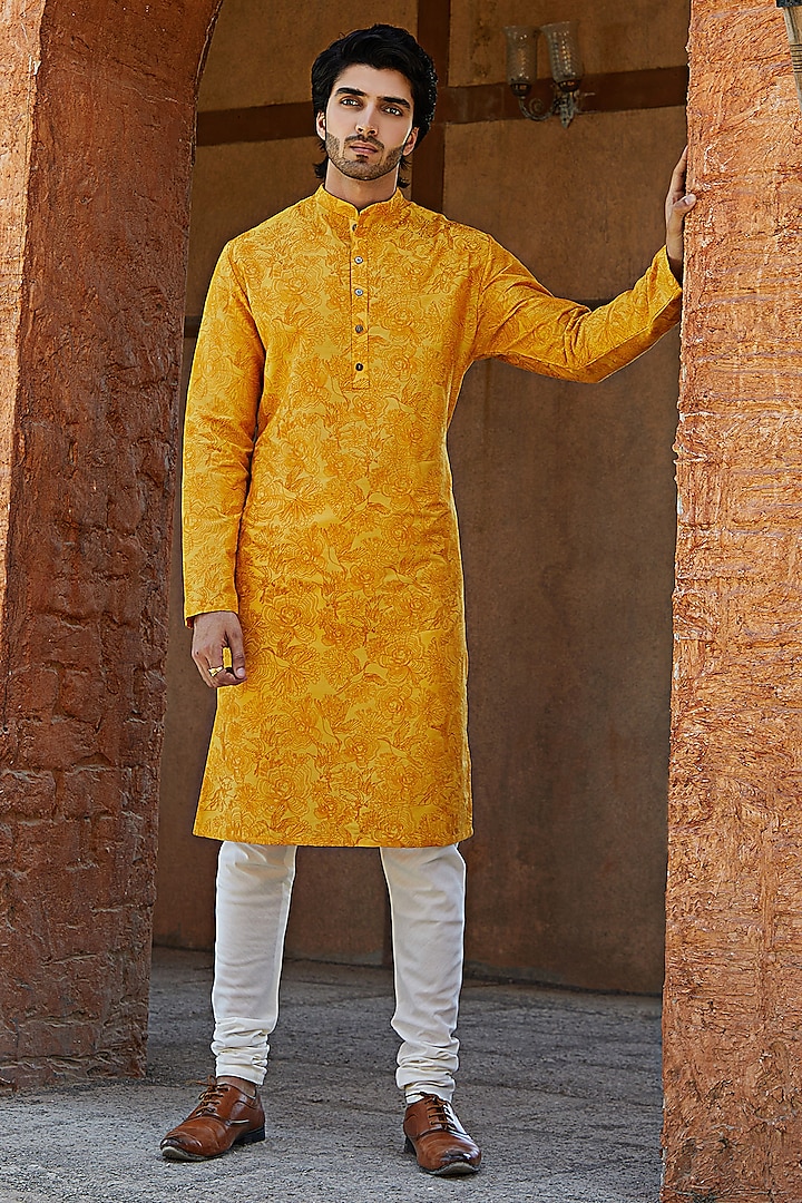 Ocher Yellow Cotton Silk Thread Embroidered Kurta Set by SURBHI PANSARI