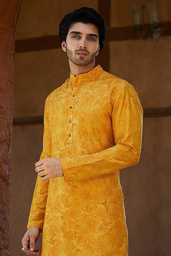 Ocher Yellow Cotton Silk Thread Embroidered Kurta Set by SURBHI PANSARI at Pernia's Pop Up Shop