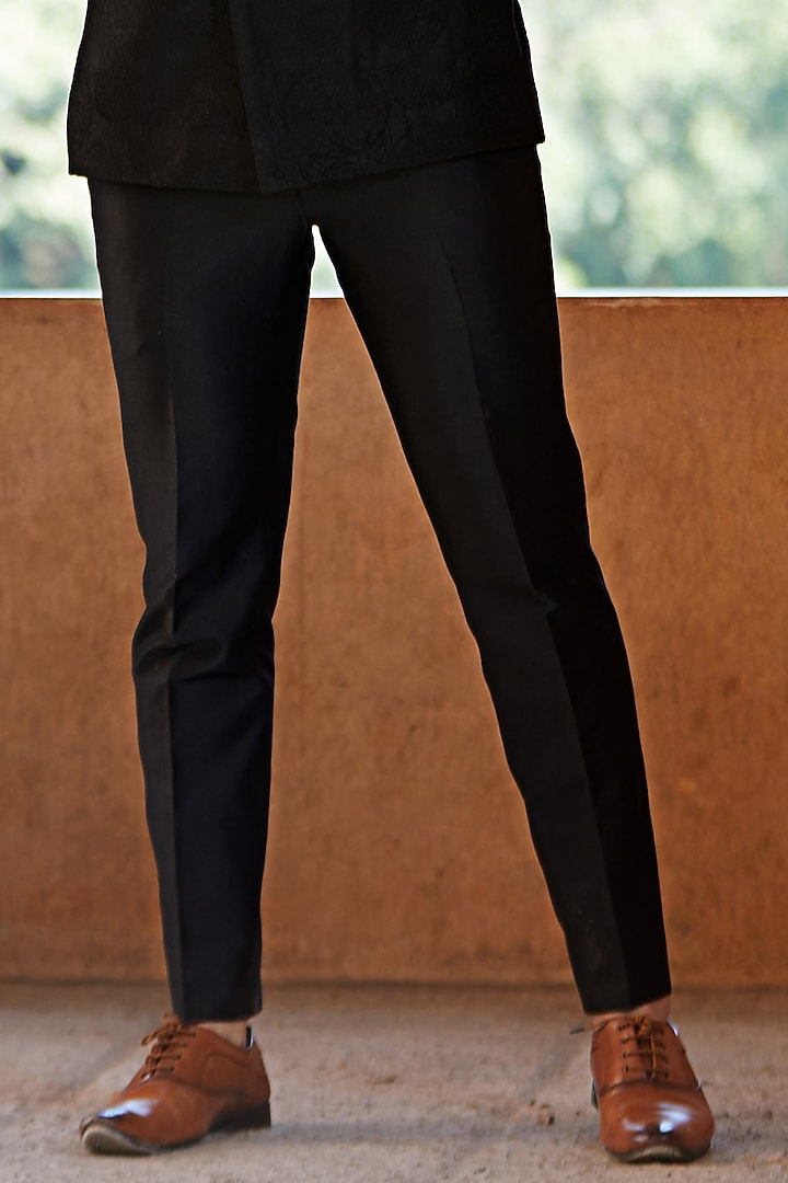 Black Cotton Silk Thread Embroidered Wedding Bandhgala Set by SURBHI PANSARI at Pernia's Pop Up Shop