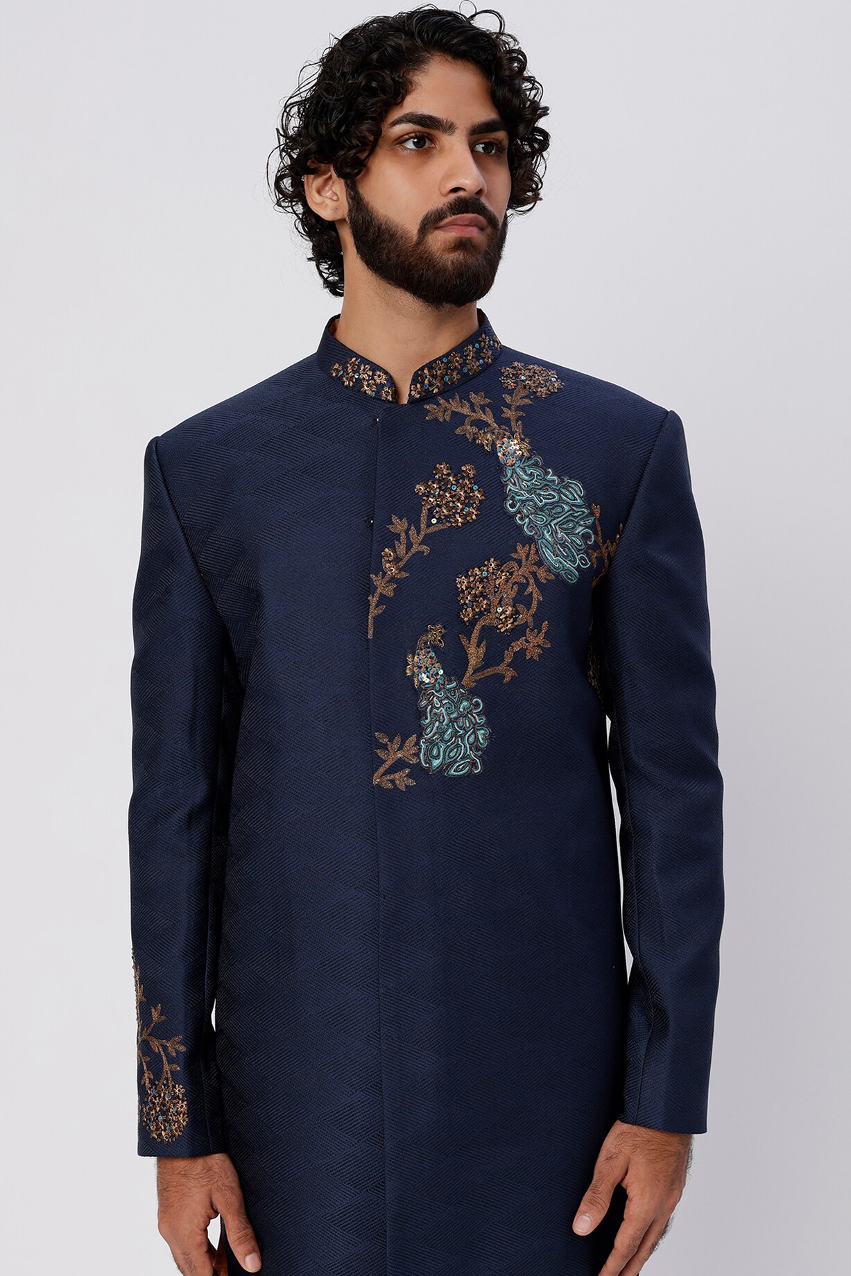 Midnight Blue Suiting Motif Embroidered Jacket by SURBHI PANSARI