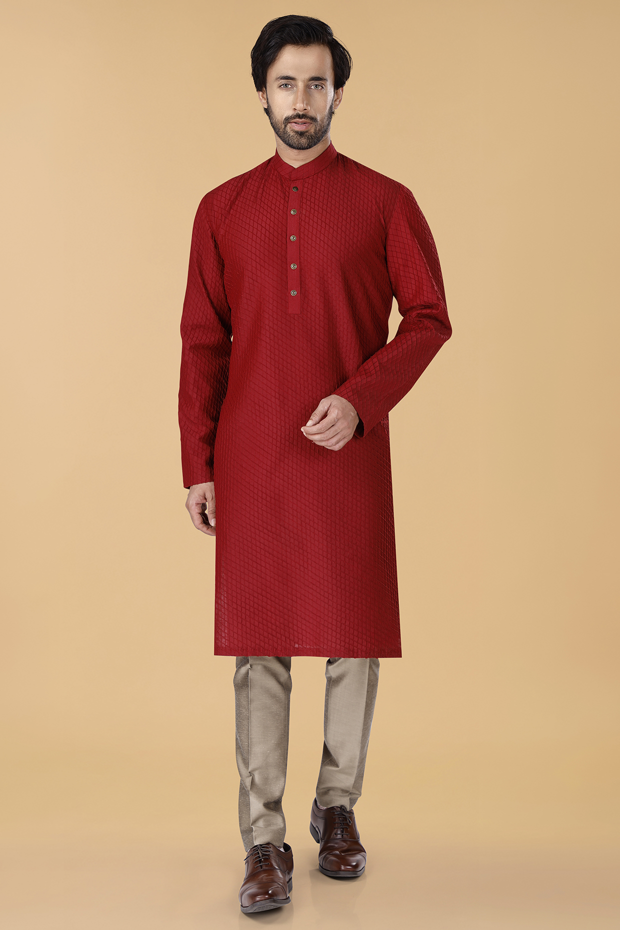 Burgundy Cotton Silk Pintuck Kurta Set by SURBHI PANSARI