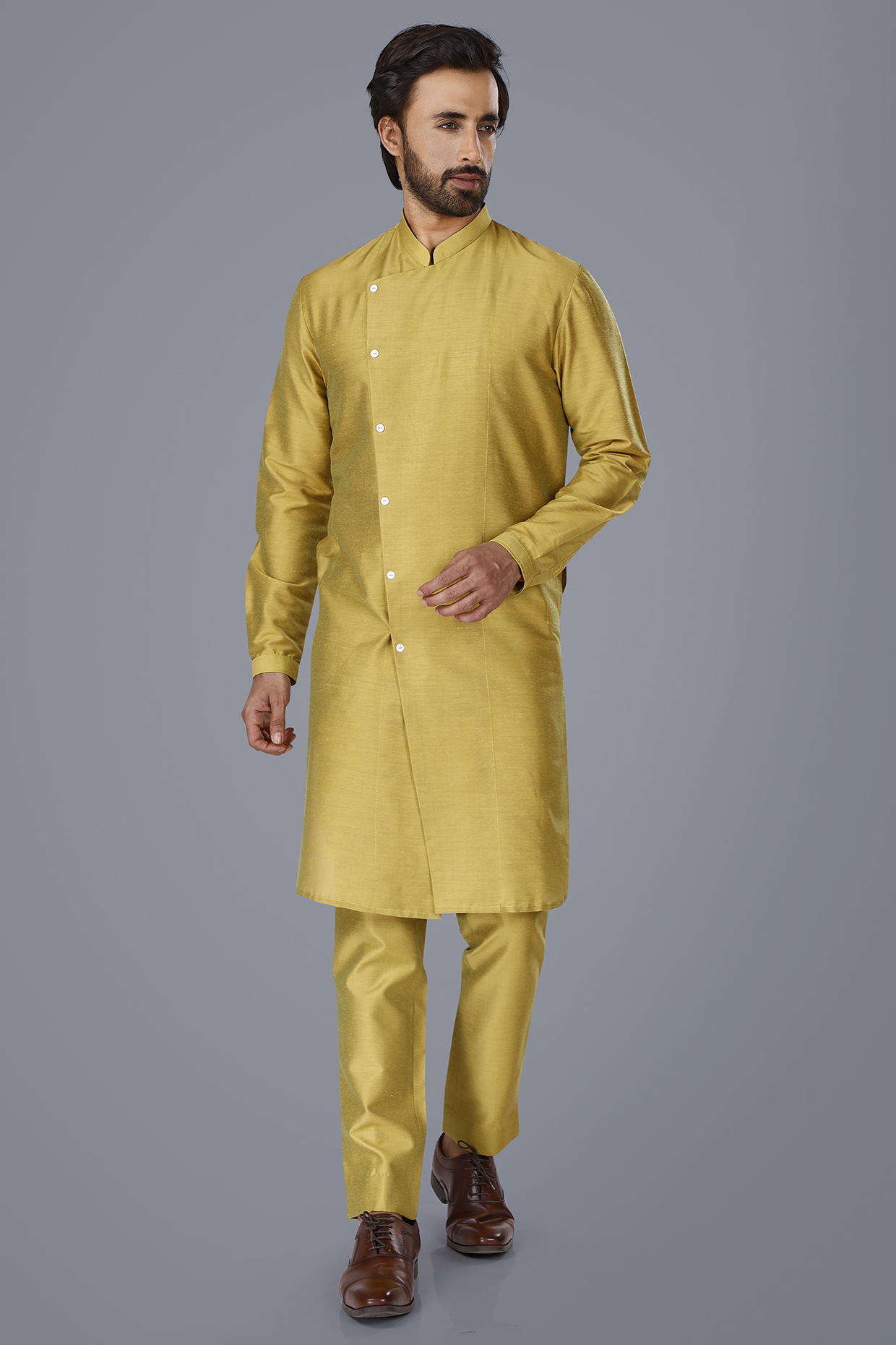 Yellow Cotton silk Asymmetric Kurta Set by SURBHI PANSARI