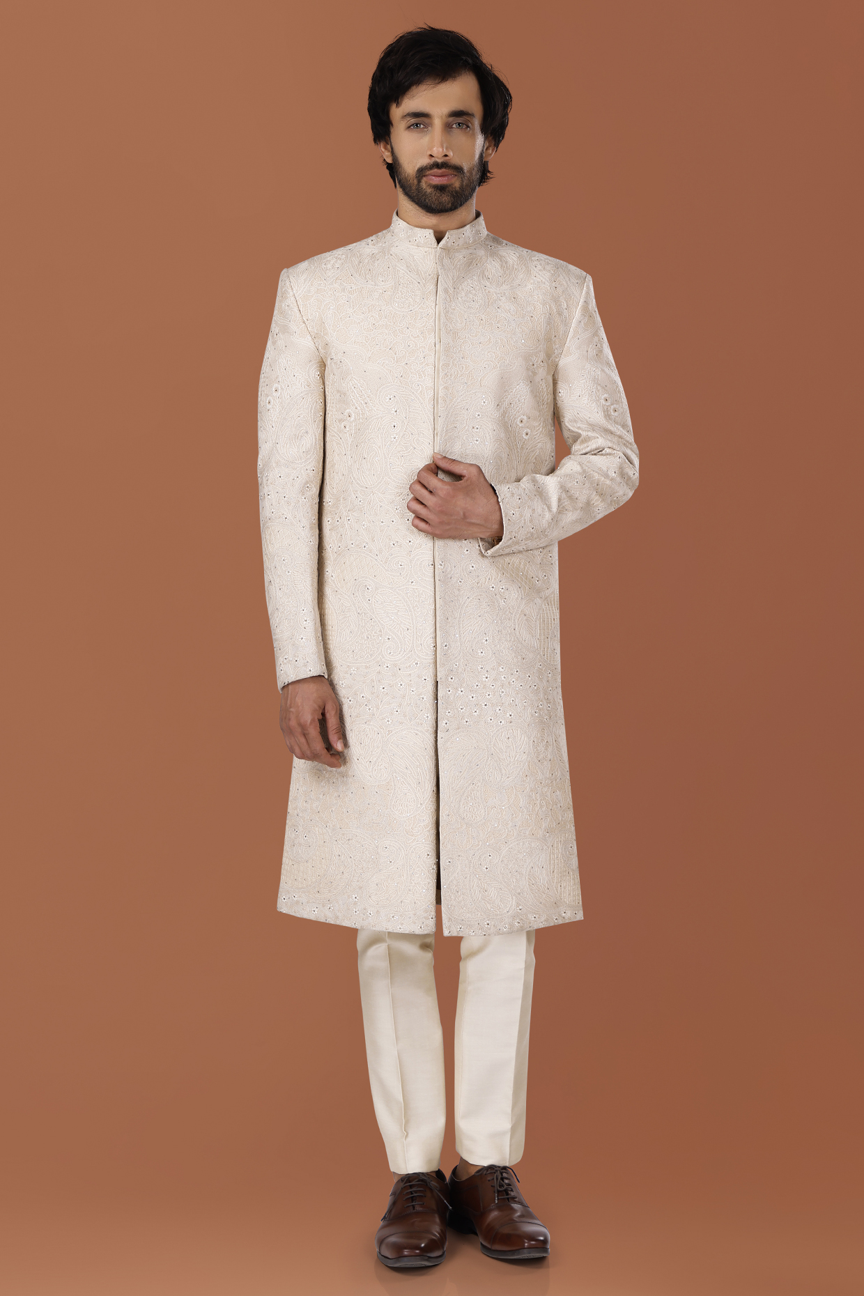 Pistachio Beige Cotton Silk Hand Embroidered Sherwani Set by SURBHI PANSARI