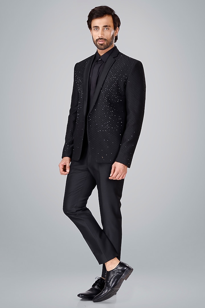 Black Cotton Silk Cutdana Embroidered Blazer Set by SURBHI PANSARI at Pernia's Pop Up Shop