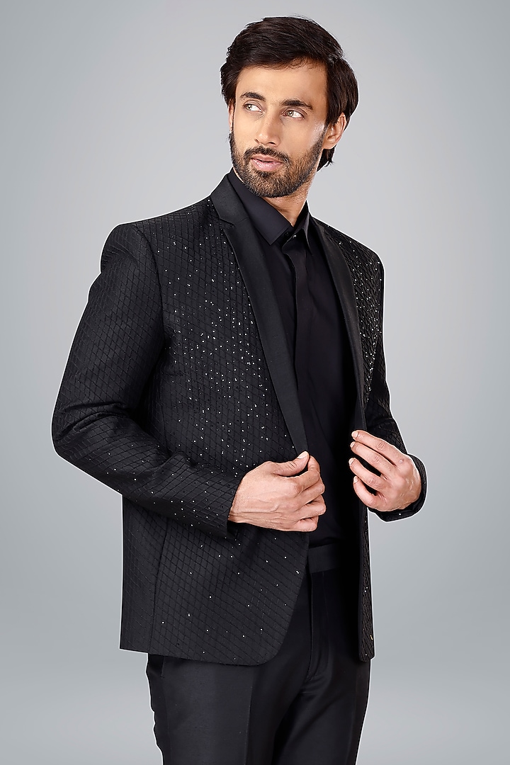 Black Cotton Silk Cutdana Embroidered Blazer Set by SURBHI PANSARI at Pernia's Pop Up Shop