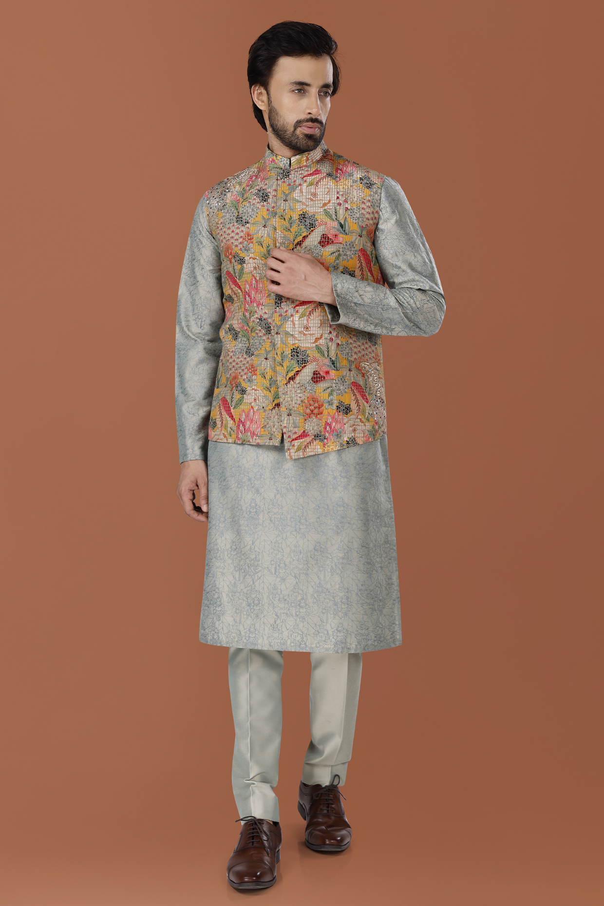 Multi-Colored Muslin Silk Printed & Zardosi Embroidered Bundi Jacket Set by SURBHI PANSARI