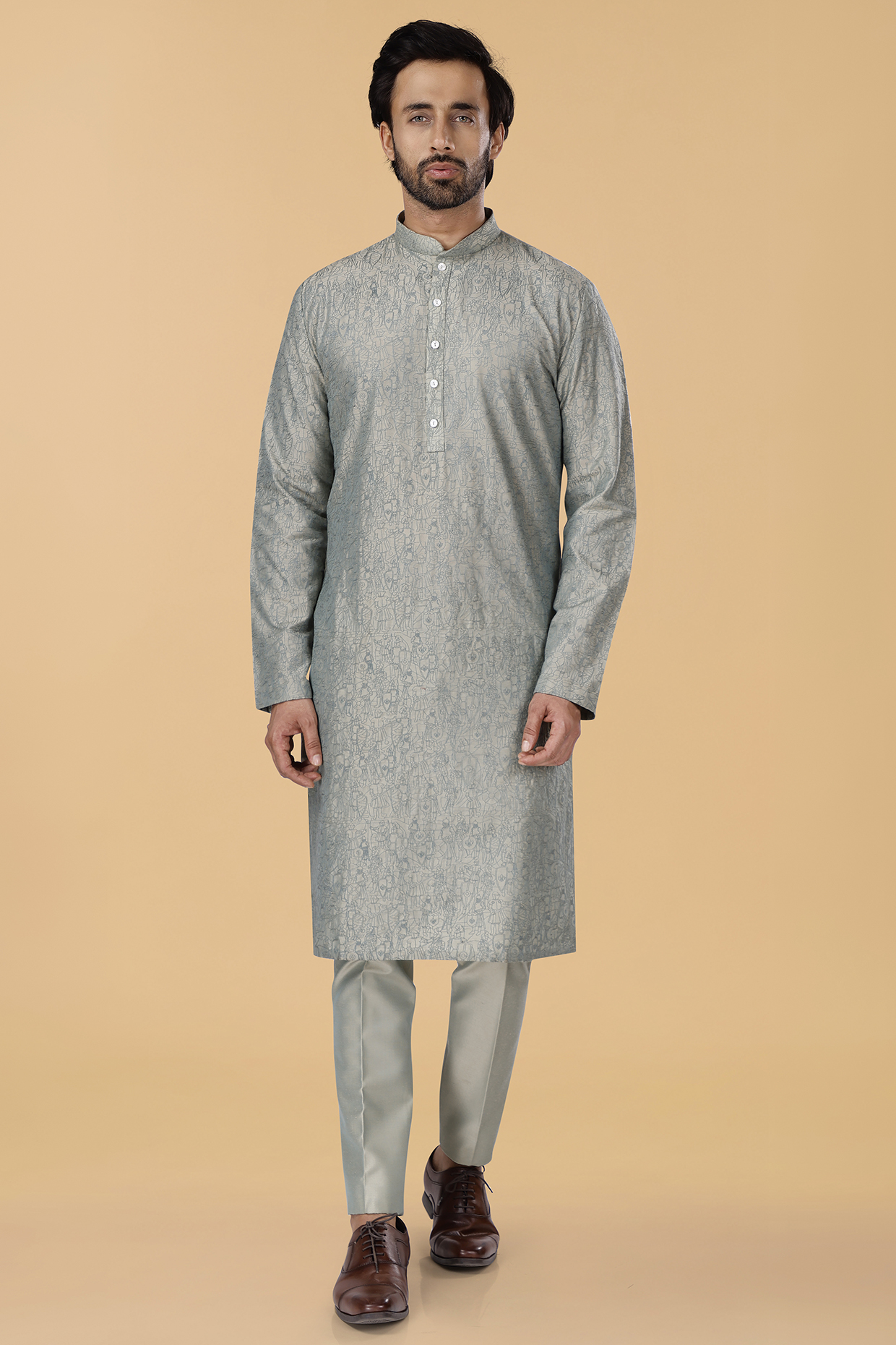 Pearl Grey Cotton Silk Thread Embroidered Kurta Set by SURBHI PANSARI