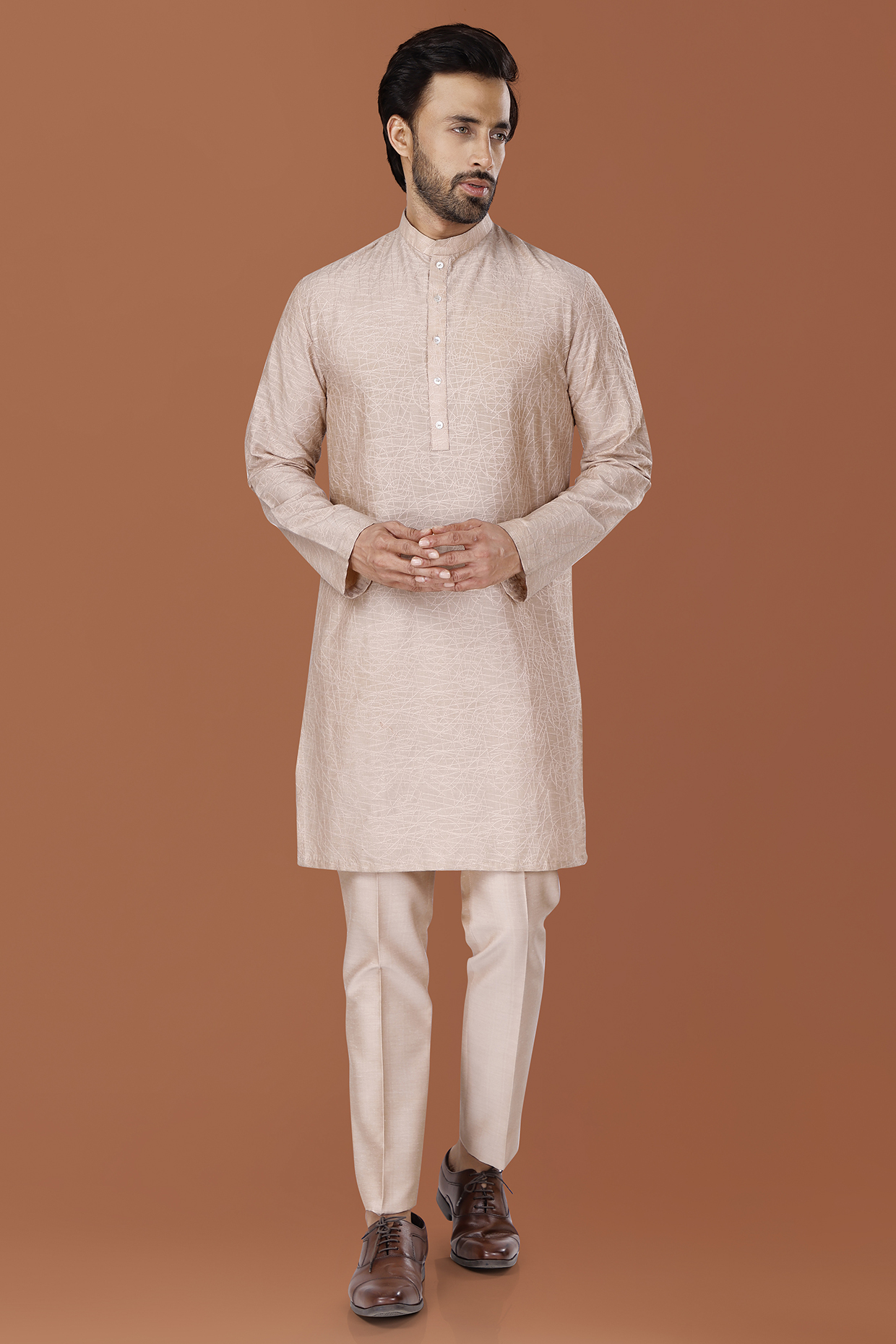 Old Rose Cotton Silk Thread Embroidered Kurta Set by SURBHI PANSARI