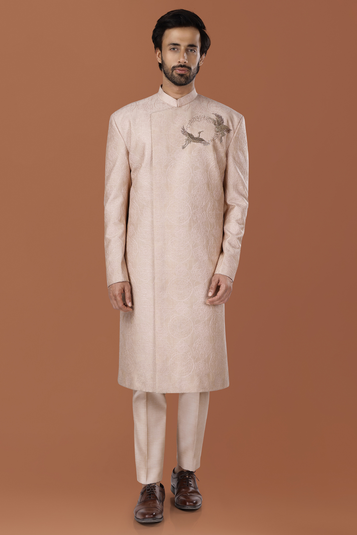 Old Rose Cotton Silk Thread Embroidered Indowestern Set by SURBHI PANSARI