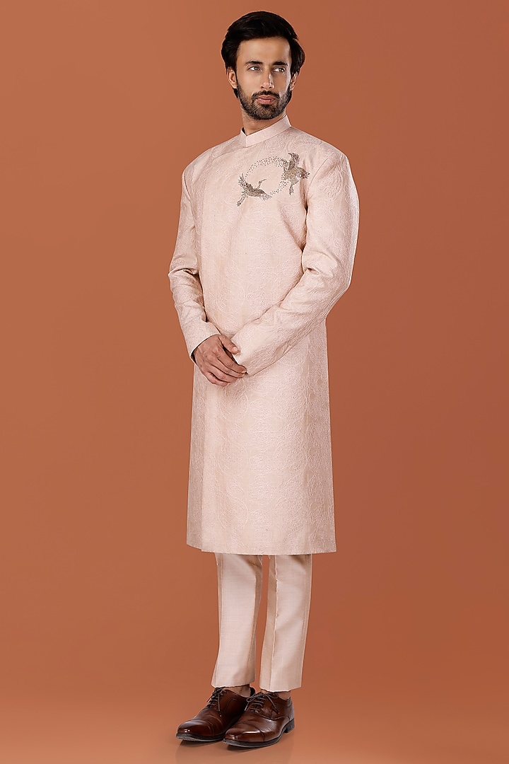 Old Rose Pink Cotton Silk Thread Embroidered Wedding Indowestern Set by SURBHI PANSARI at Pernia's Pop Up Shop