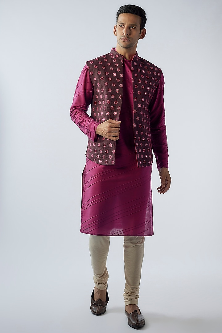 Plum Cotton Embroidered Indowestern Jacket Set by SURBHI PANSARI