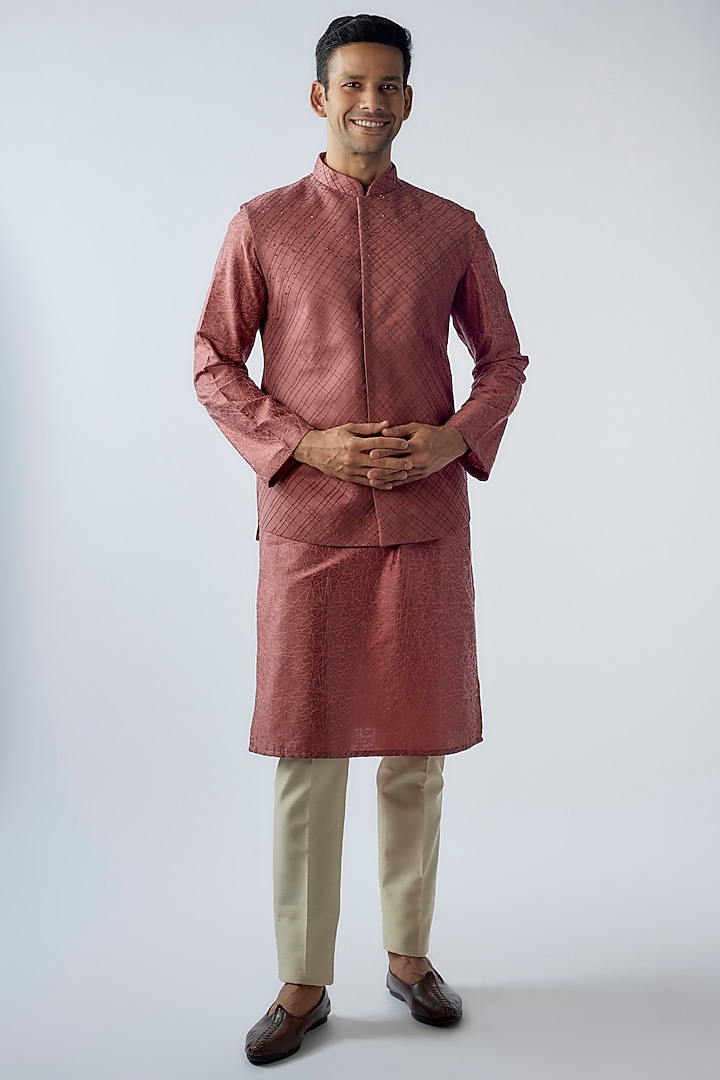 Brick Red Cotton Silk Embellished Nehru Jacket Set by SURBHI PANSARI at Pernia's Pop Up Shop