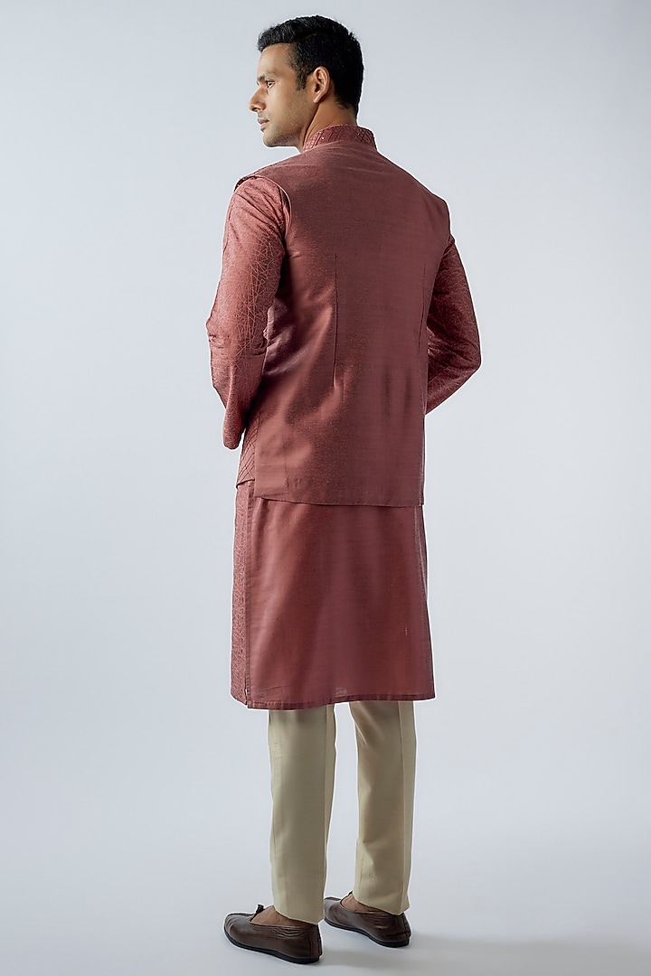 Brick Red Cotton Silk Embellished Nehru Jacket Set by SURBHI PANSARI at Pernia's Pop Up Shop