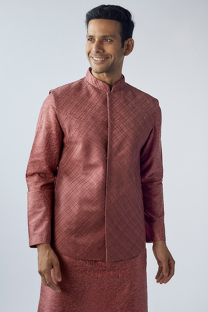 Brick Red Cotton Silk Embellished Nehru Jacket Set by SURBHI PANSARI at Pernia's Pop Up Shop