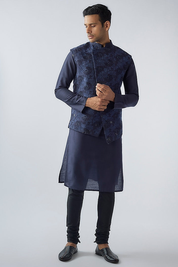 Midnight Blue Cotton Silk Embroidered Nehru Jacket Set by SURBHI PANSARI