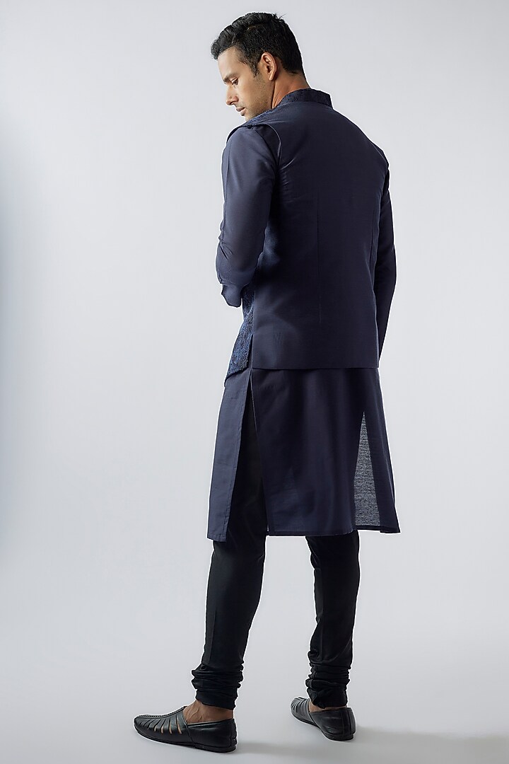 Midnight Blue Cotton Silk Embroidered Nehru Jacket Set by SURBHI PANSARI at Pernia's Pop Up Shop