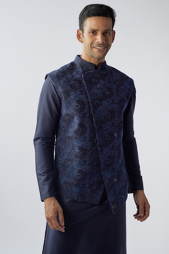 Midnight Blue Cotton Silk Embroidered Nehru Jacket Set by SURBHI PANSARI at Pernia's Pop Up Shop