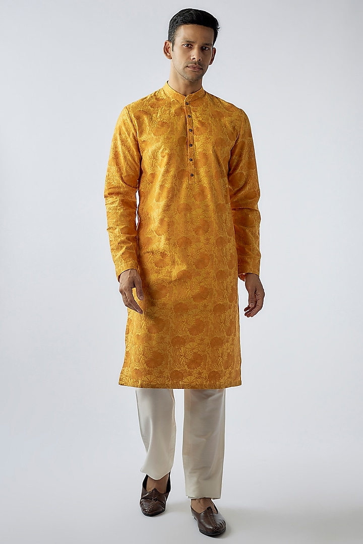 Yellow Cotton Silk Embroidered Kurta set by SURBHI PANSARI