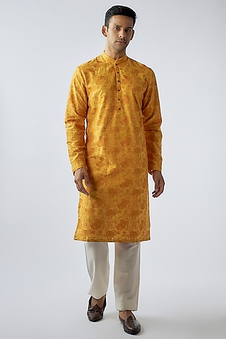 Yellow Cotton Silk Embroidered Kurta set by SURBHI PANSARI